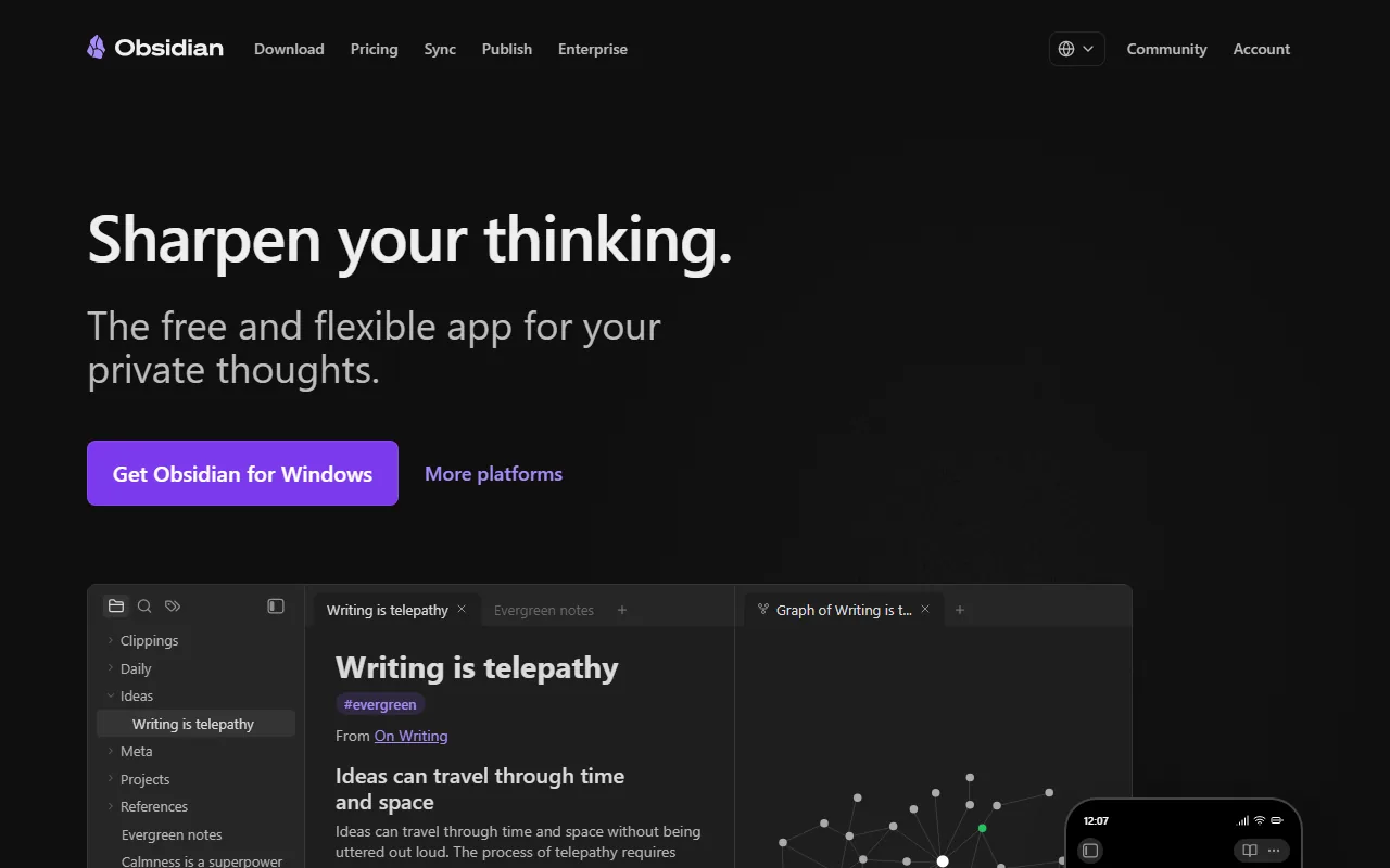 Obsidian homepage showing knowledge base product