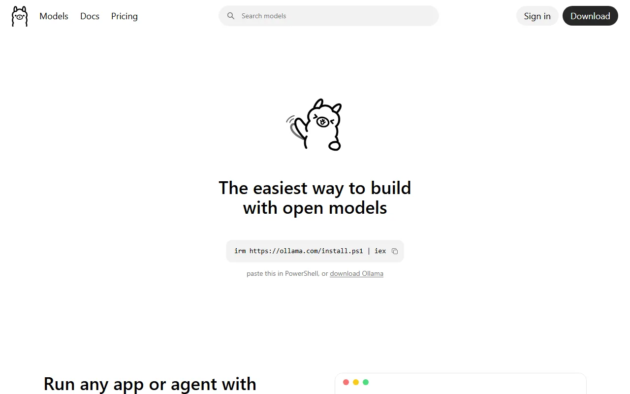 Ollama homepage showing local large language models