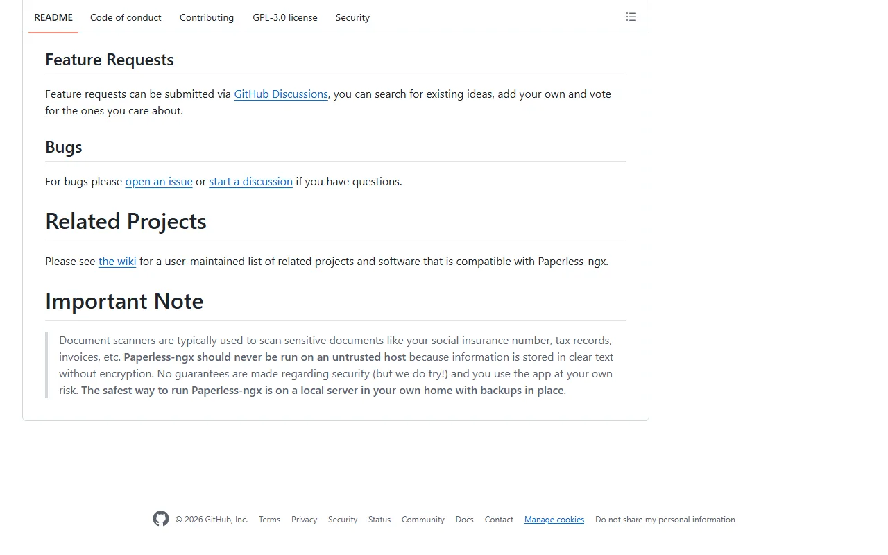 Paperless-ngx GitHub project page for document management