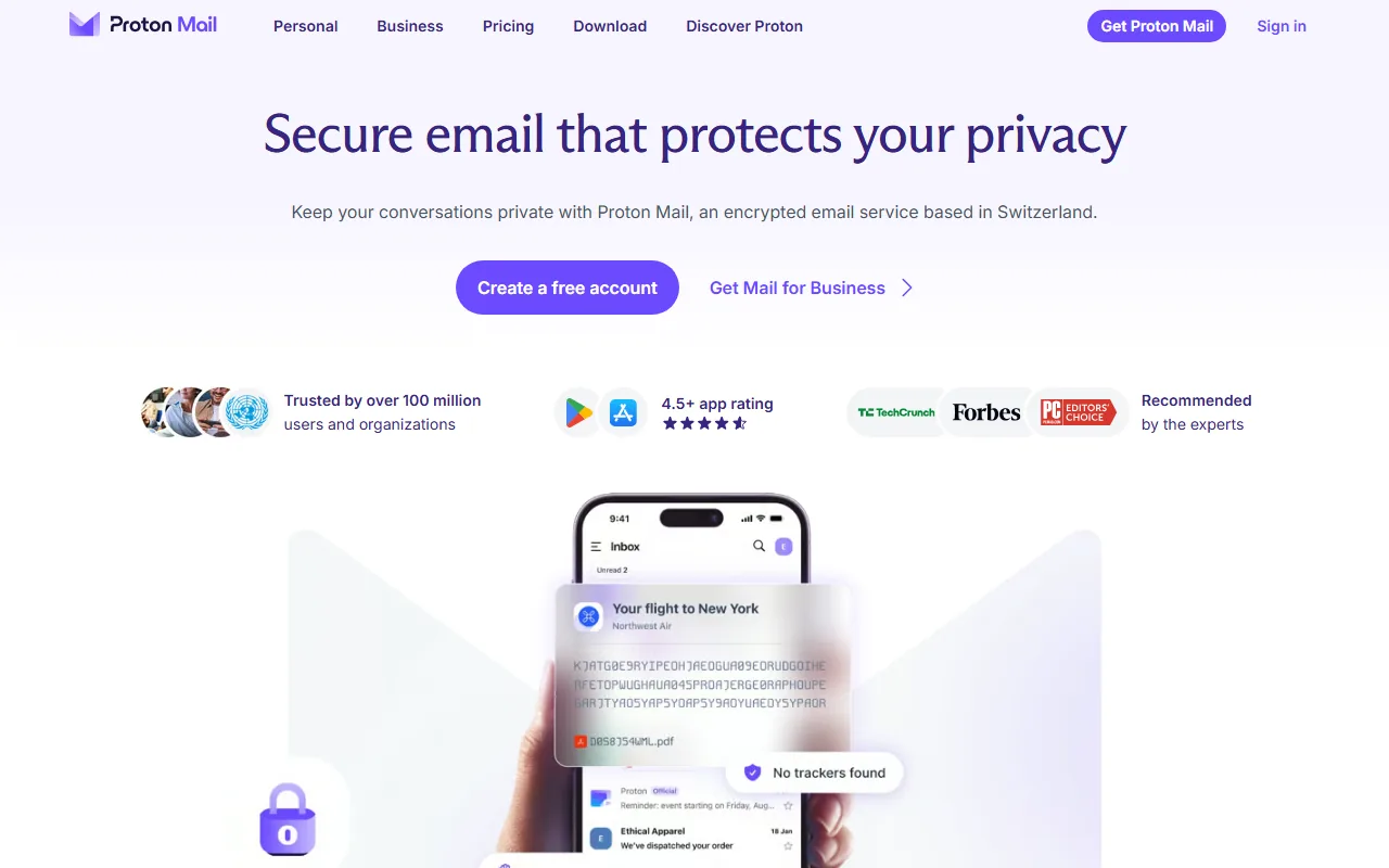 Proton Mail homepage showing encrypted email