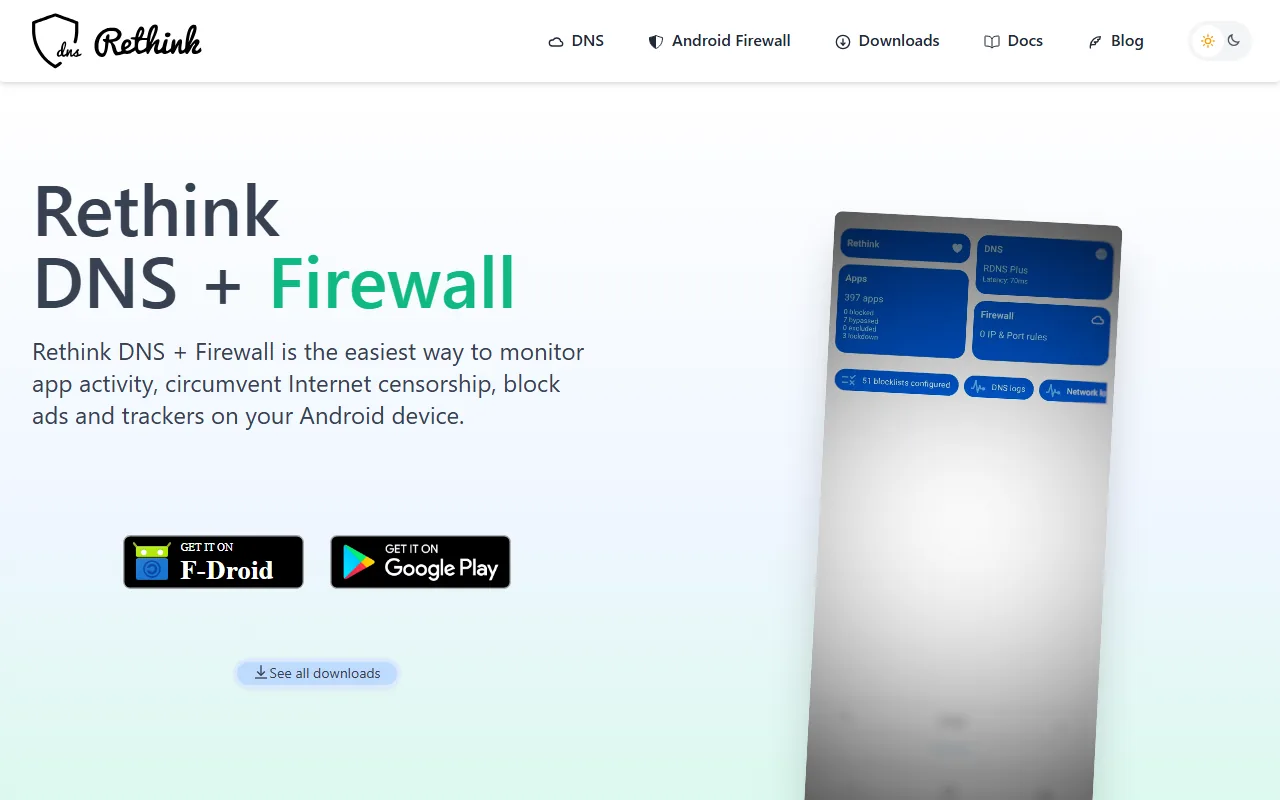 Rethink DNS + Firewall app page