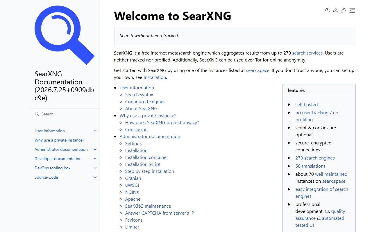 SearXNG documentation homepage for metasearch