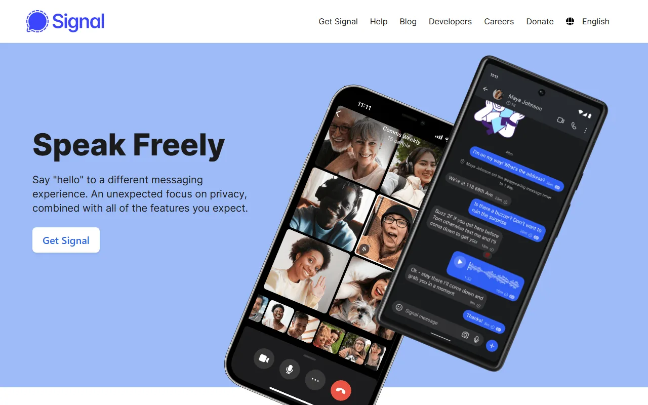 Signal homepage showing private messaging product