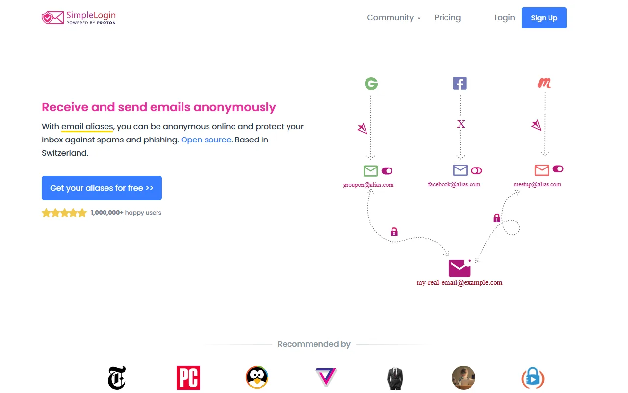 SimpleLogin homepage showing email alias service